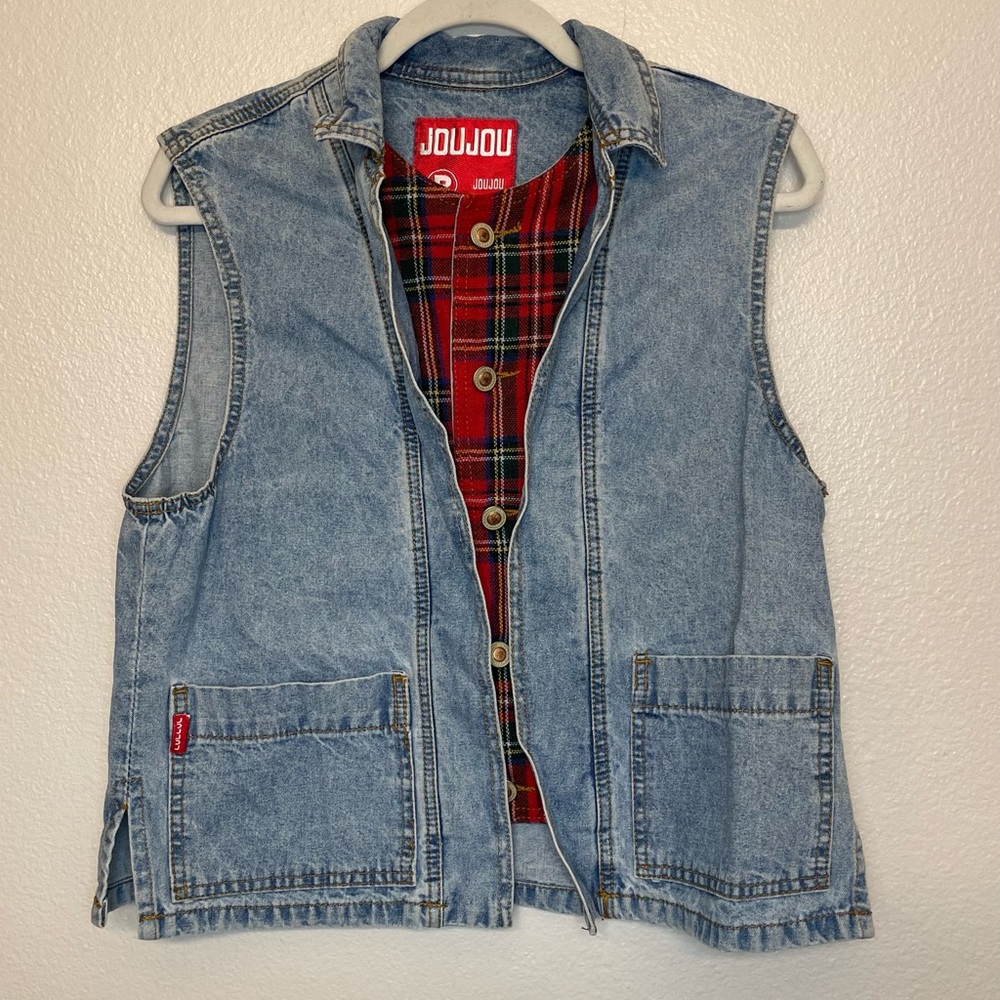 Vintage Denim Y2K Jou Jou‎ Vest Red Plaid Flannel Lining Size S